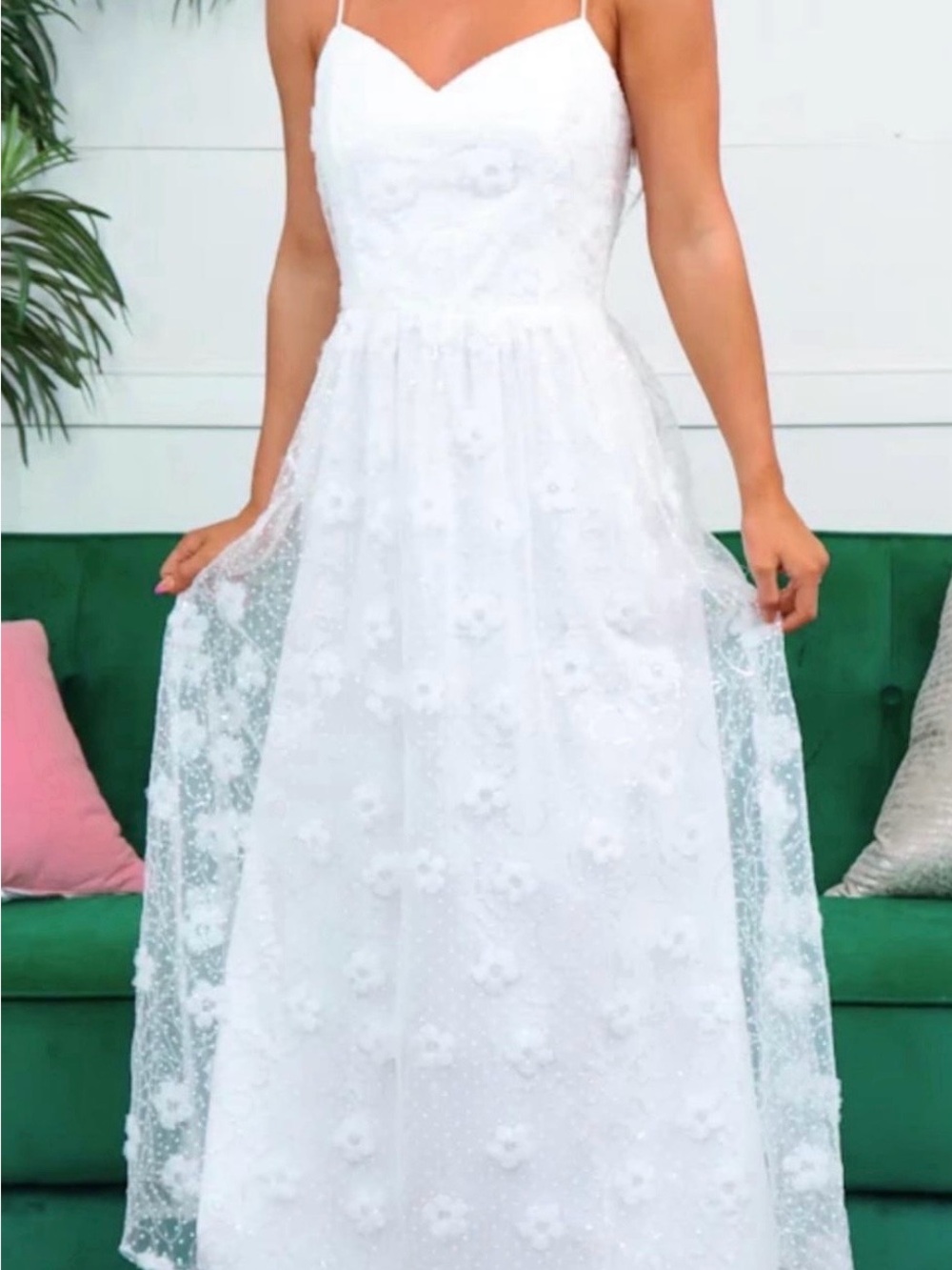White Floral Lace Spaghetti-Strap Dress